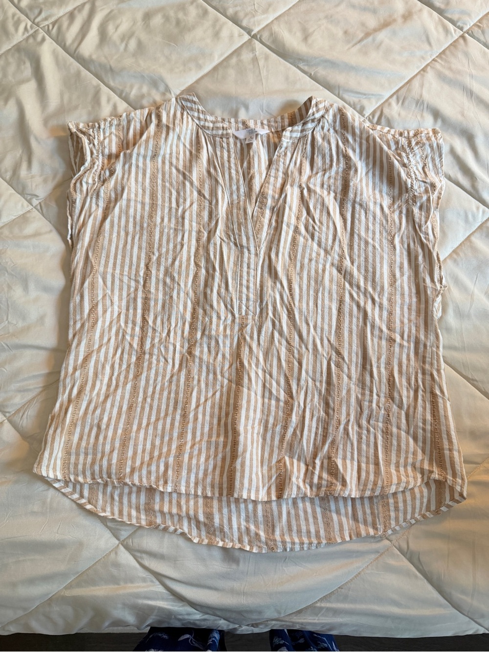 Time and Tru Tan and White Striped Split-Neck Flutter Sleeve Top